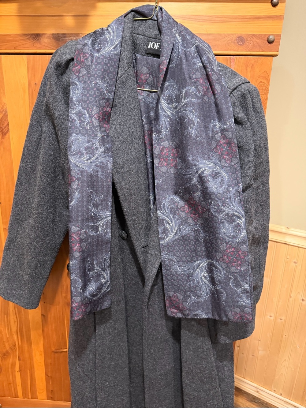 Jofeld Charcoal Gray Long Trench Coat with Paisley Scarf